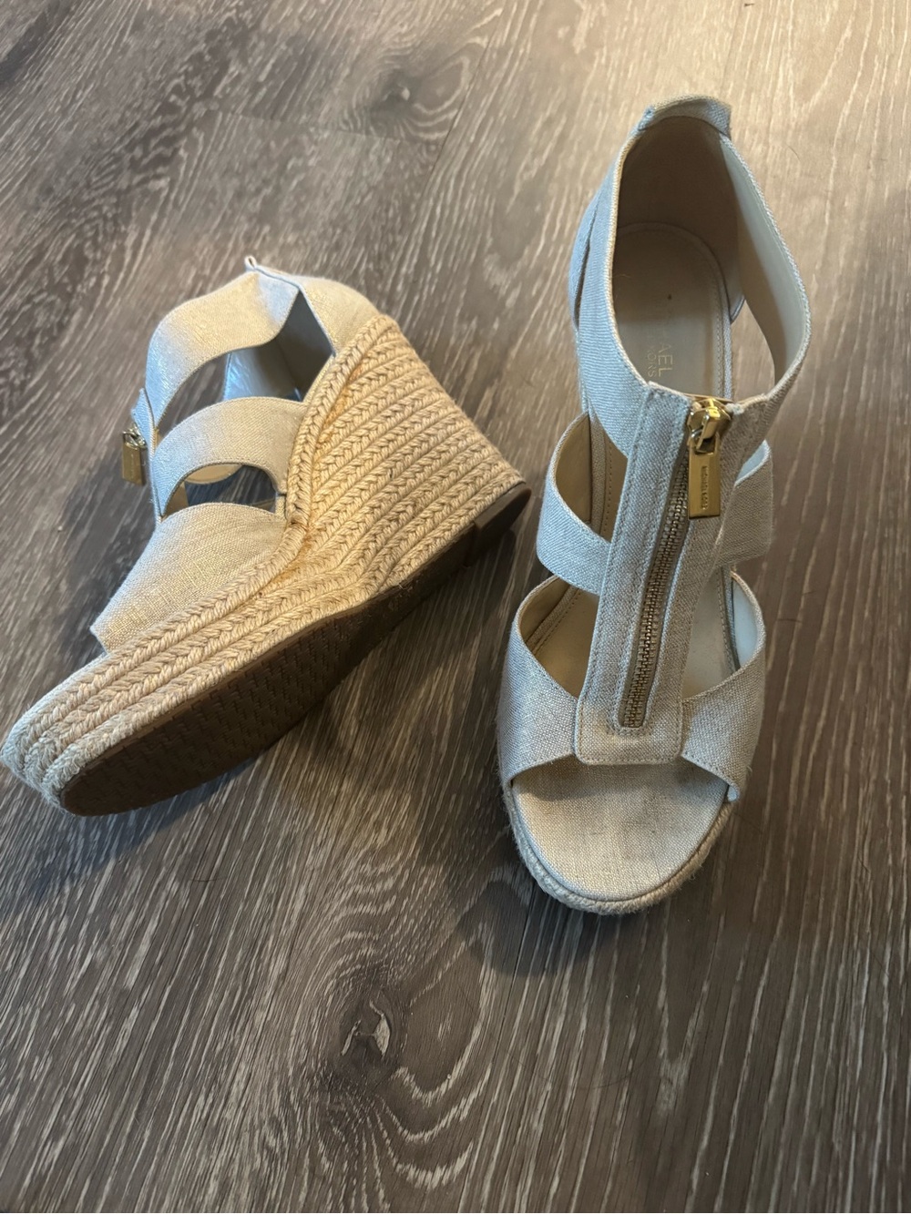 Michael Kors Beige Canvas Wedge Sandals with Front Zip